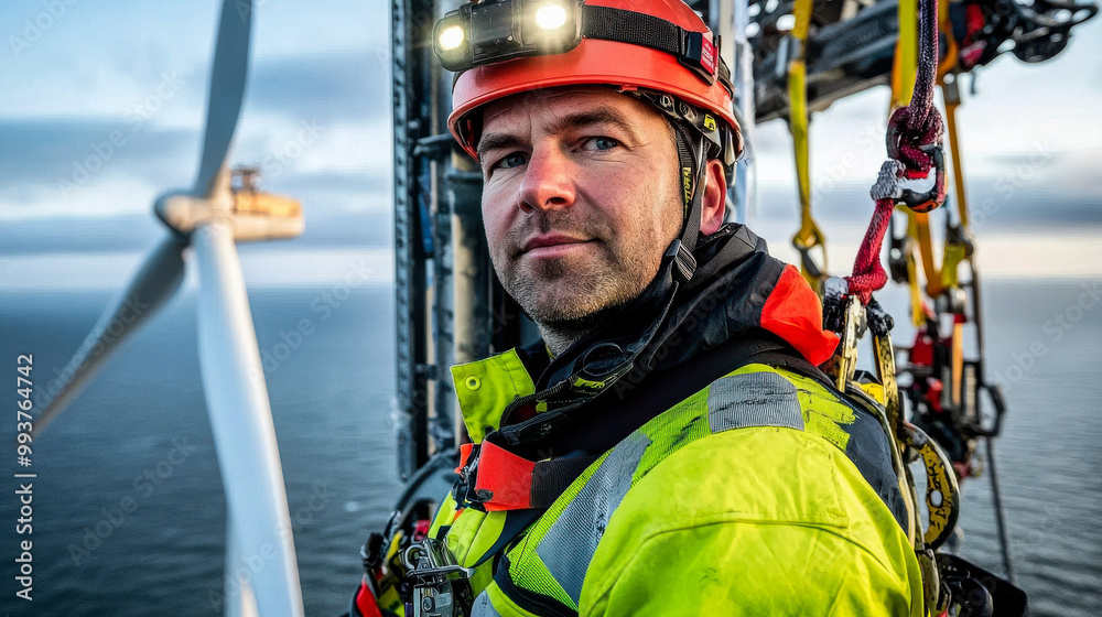maintenance worker on offshore wind turbine, showcasing safety gear and focused expression. backdrop features ocean and wind turbine, emphasizing renewable energy maintenance worker on offshore wind turbine, showcasing safety gear and focused expression. backdrop features ocean and wind turbine, emphasizing renewable energy