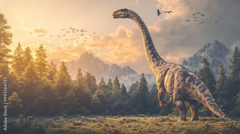 A majestic brachiosaurus standing in a wide, open savannah, with its long neck stretching towards the treetops. The background features a breathtaking mountain A majestic brachiosaurus standing in a wide, open savannah, with its long neck stretching towards the treetops. The background features a breathtaking mountain