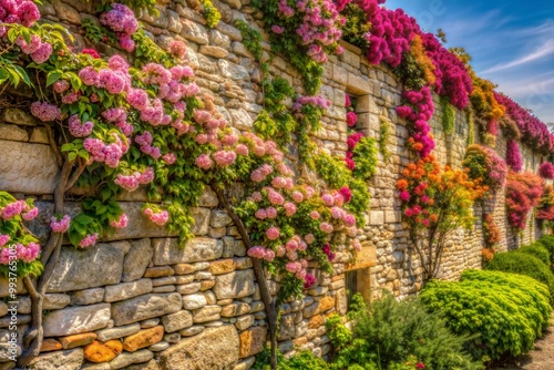 Rustic stone wall adorned with pink red and yellow flowers