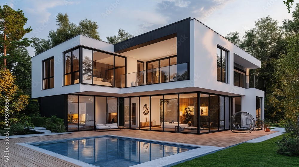 Elegant Modern House with Swimming Pool and Terrace. AI generated illustration Elegant Modern House with Swimming Pool and Terrace. AI generated illustration