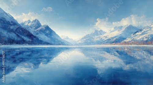 expansive frozen lake landscape capturing the serene beauty of nature in the depths of winter with icy blue hues reflecting the tranquil sky