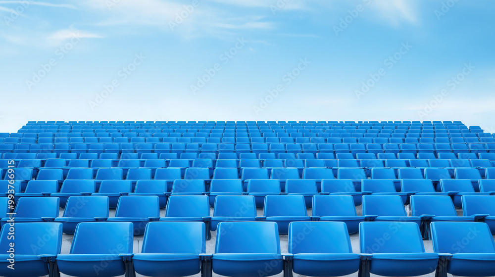 Naklejka premium Vibrant Blue Seating in an Open-Air Stadium, showcasing a lively atmosphere, inviting fans to gather for exhilarating sports events and entertainment experiences.
