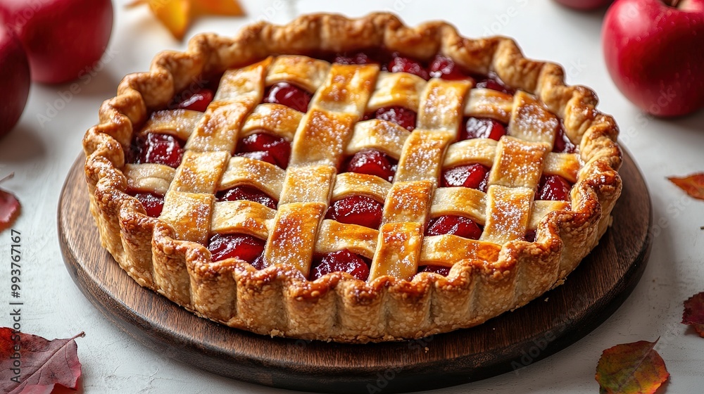 Apple pie decorated with lattice overhead shot, fall baking concept Apple pie decorated with lattice overhead shot, fall baking concept