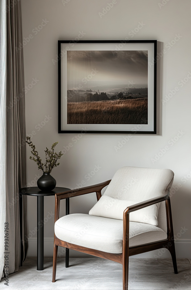A sleek black frame hangs on the wall of an elegant living room, containing a landscape photograph of rolling hills in muted tones. A comfortable white armchair sits next to it with soft cushions and A sleek black frame hangs on the wall of an elegant living room, containing a landscape photograph of rolling hills in muted tones. A comfortable white armchair sits next to it with soft cushions and