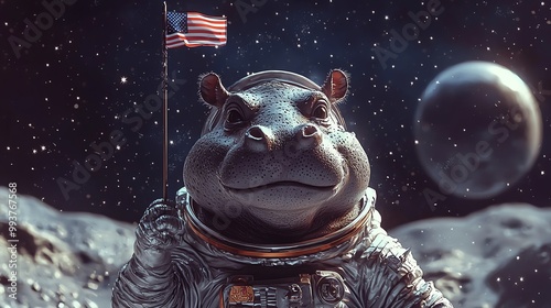 Hippo dressed as an astronaut on the moon, holding a tiny flag, stars in the background, lowgravity bounce, front view photo