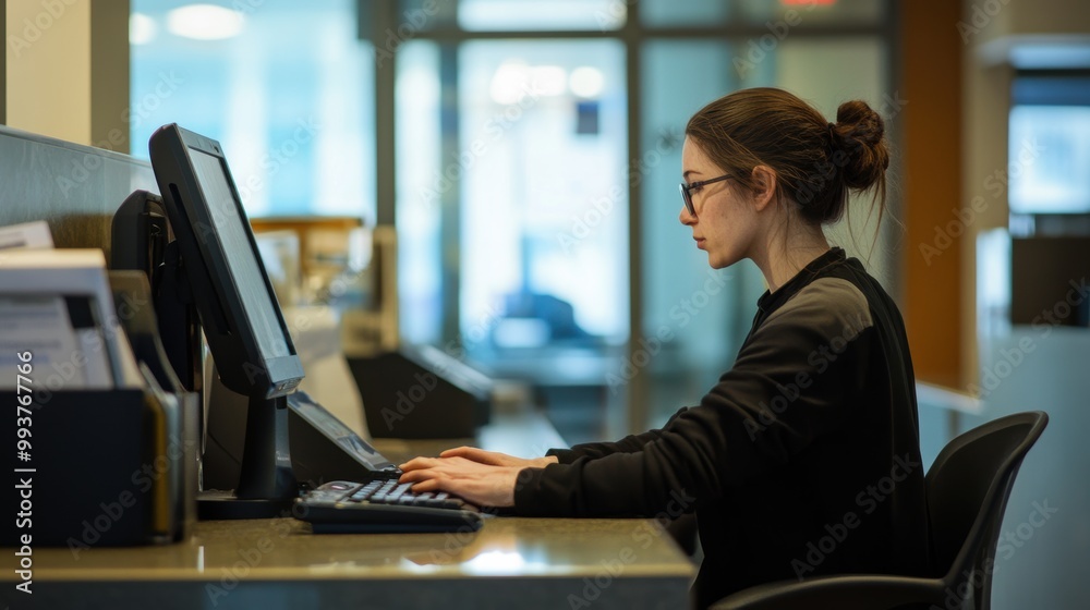 Young woman working on a computer at the office