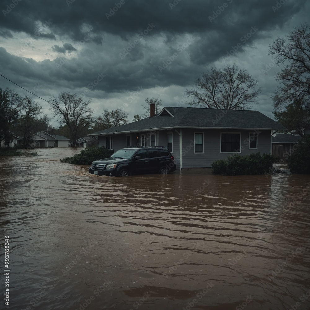 Fototapeta premium City streets turned into channels after intense rainfall with vehicles and properties submerged
