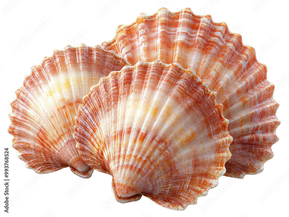 Three beautifully colored scallop shells showcasing intricate patterns and textures against a clean background. Three beautifully colored scallop shells showcasing intricate patterns and textures against a clean background.