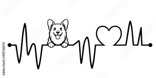 Heartbeat line with Pembroke Welsh Corgi Dog Peeking, Dog and Heartbeat frequency with Heart Love Vector illustration
