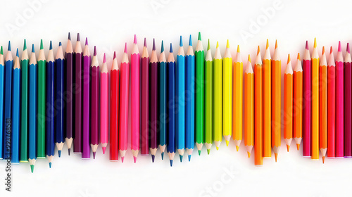 Vibrant Spectrum of Wooden Pencils, a striking array of colorful wooden pencils neatly aligned, showcasing a blend of hues against a crisp white backdrop, inviting creativity and inspiration