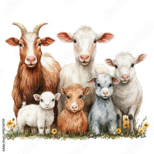 Charming farm animals gathered around vibrant flowers, showcasing their unique features and playful expressions in a pastoral setting.