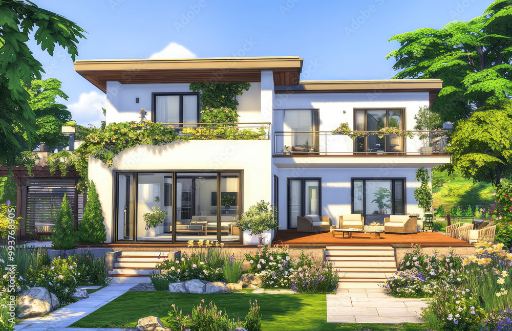 Fototapeta premium A modern two-story house with a garden, featuring a simple design in a white color scheme and modern windows