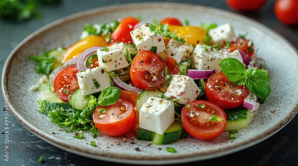 fresh greek salad artfully arranged on a clean white plate showcasing vibrant colors of vegetables and feta cheese evoking a sense of healthy mediterranean cuisine fresh greek salad artfully arranged on a clean white plate showcasing vibrant colors of vegetables and feta cheese evoking a sense of healthy mediterranean cuisine