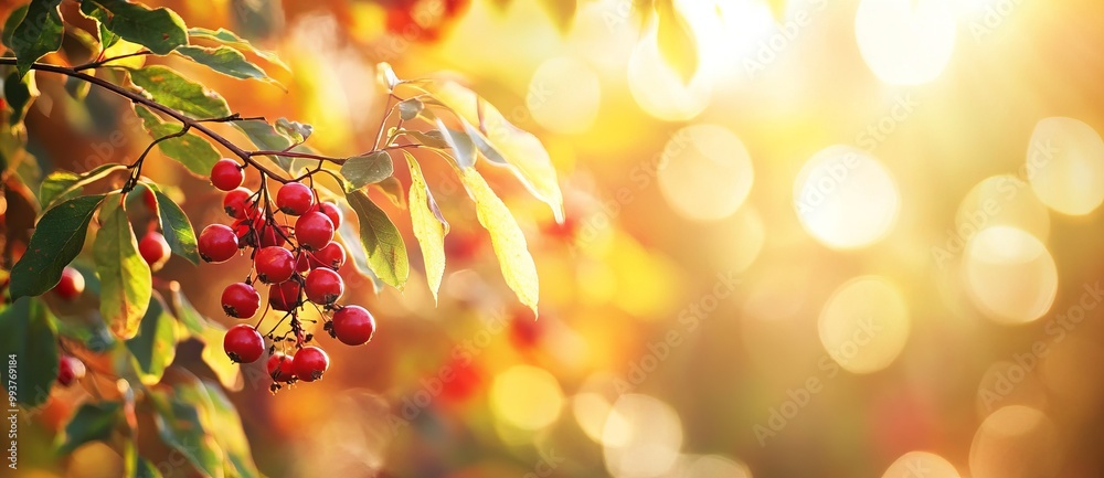Autumn Rowan Berries Against Colorful Leaves in Sunlight. AI generated illustration Autumn Rowan Berries Against Colorful Leaves in Sunlight. AI generated illustration