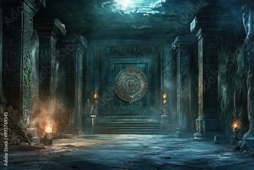 Ancient Stone Chamber with Ornate Doorway and Torches