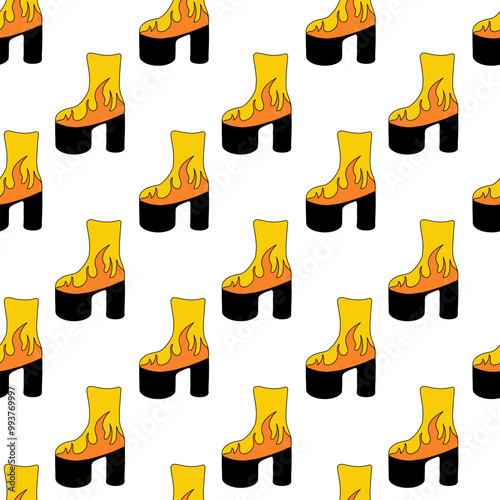 Seamless Pattern. Trendy 1980 retro yellow disco boot with flame design. Vintage shoe. Vector flat illustration.