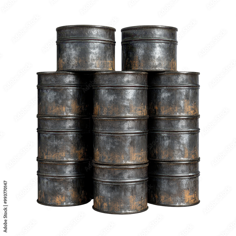 A stack of weathered metal barrels showcasing rustic texture and patina, ideal for industrial or vintage-themed designs. A stack of weathered metal barrels showcasing rustic texture and patina, ideal for industrial or vintage-themed designs.