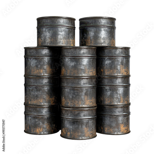 A stack of weathered metal barrels showcasing rustic texture and patina, ideal for industrial or vintage-themed designs.