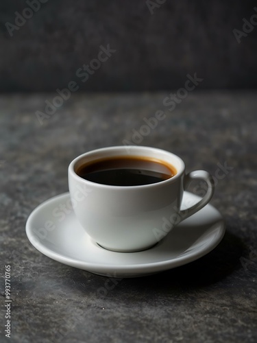 Americano coffee in a white cup on a grey table.