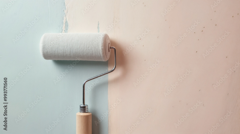 Obraz premium Paintbrush with a Roll of White Wallpaper on a Wall.