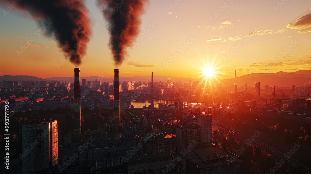 Obraz premium sprawling industrial city skyline at sunset, showcasing smokestacks emitting dark smoke against vibrant sky. scene captures contrast between industry and nature, evoking sense of both beauty and