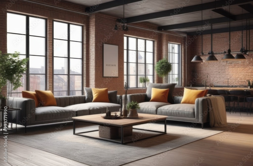 Living room interior in loft, industrial style, 3d render Living room interior in loft, industrial style, 3d render