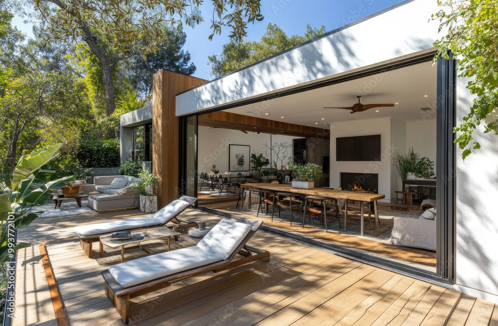Fototapeta premium A modern house with sliding glass doors leading to an outdoor deck, surrounded by trees and plants