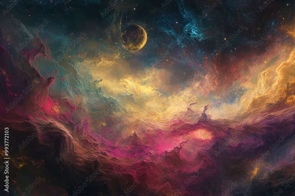 Fototapeta premium Abstract Cosmic Landscape with a Single Moon and Stars