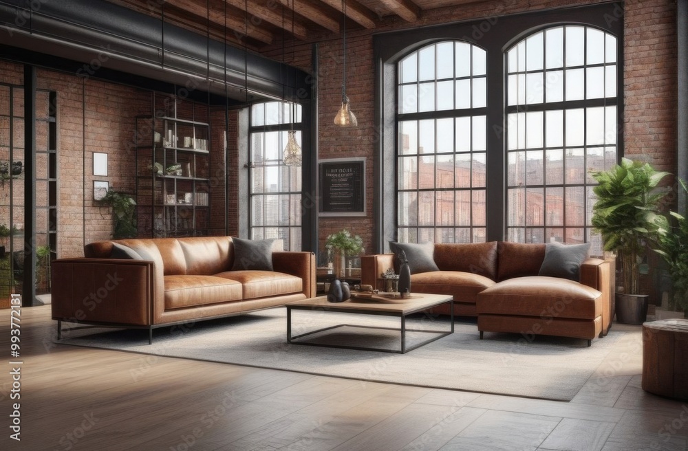 Living room interior in loft, industrial style, 3d render Living room interior in loft, industrial style, 3d render