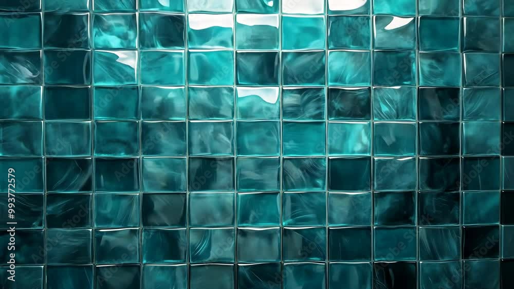 A wall of teal glass tiles reflects the light, creating a cool and inviting atmosphere