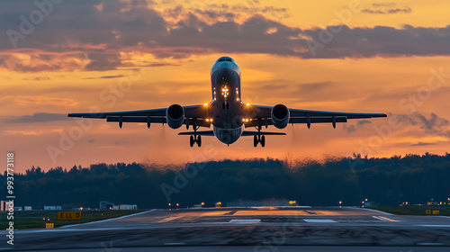Airplane Taking Off from a Runway at Sunset