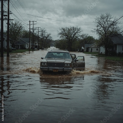 City submerged in floodwaters after intense rainfall with extensive damage to homes and businesses