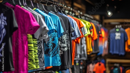 Vibrant Display of Men's Sports T-Shirts in an Athletic Wear Store. AI generated illustration