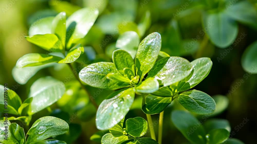 A close-up of green leaves in a garden, glistening with morning dew A close-up of green leaves in a garden, glistening with morning dew