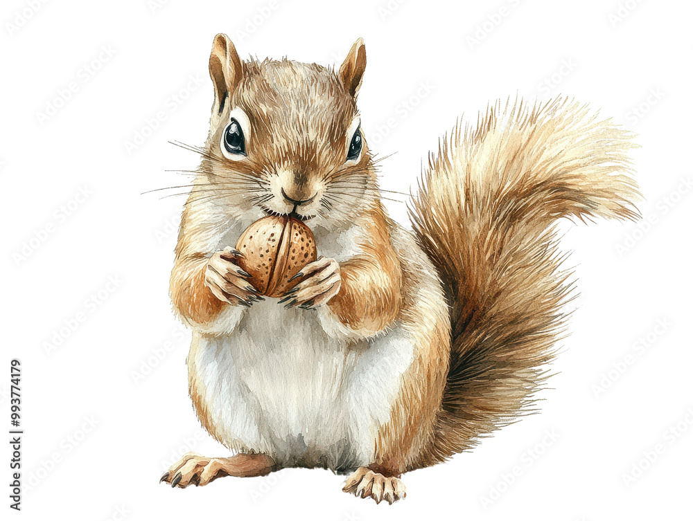 Obraz premium A cute squirrel holding an acorn, showcasing its fluffy tail and eager expression, perfect for nature or wildlife themes.