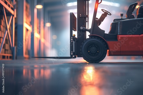 Red forklift truck parked inside a large distribution warehouse
