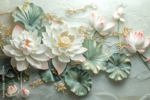 Intricate 3D Lotus Flowers and Leaves in White, Pink, Green, and Gold. AI generated illustration