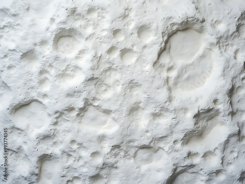 A close-up of a textured white surface with craters and indentations, resembling a lunar landscape or a weathered rock face.