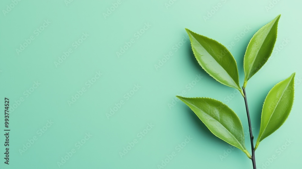 Obraz premium A close-up view of fresh green leaves against a mint background, symbolizing nature and growth. Ideal for wellness, beauty, and eco-friendly themes.