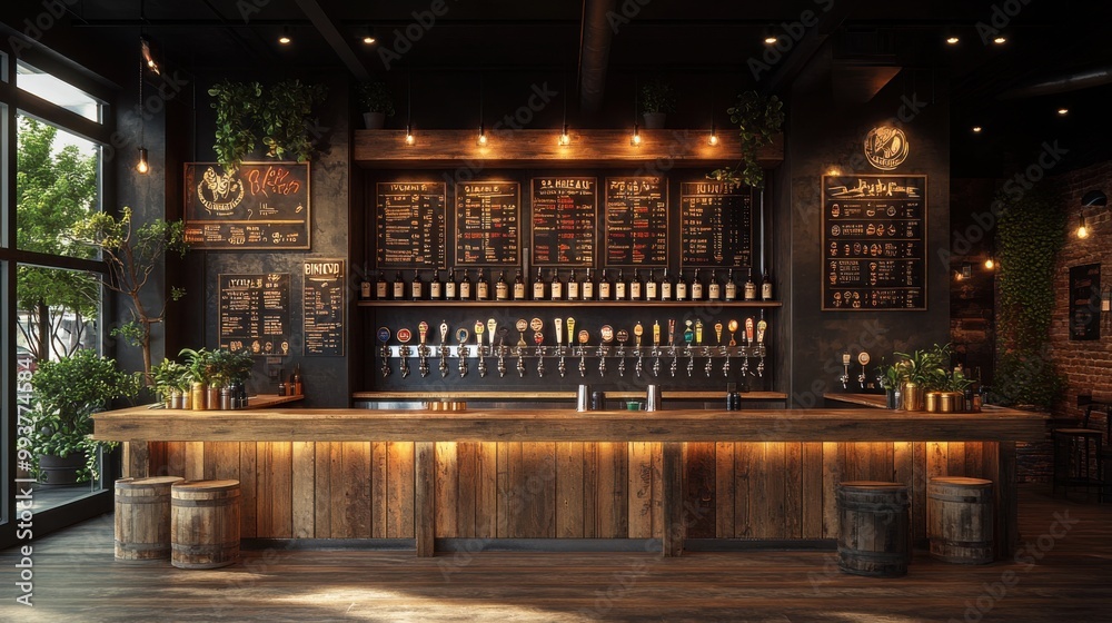 Rustic Bar Interior with Wooden Bar Counter and Beer Taps Rustic Bar Interior with Wooden Bar Counter and Beer Taps