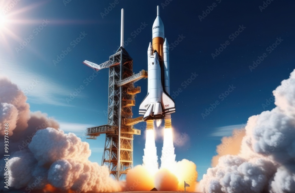 Fototapeta premium Launching new product or service. Technology development process. Space rocket launch. 3d render