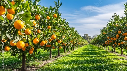 A wide photograph showcasing a lush thriving orange orchard with rows of vibrant fruit laden trees stretching across a 3 acre field under a clear blue sky