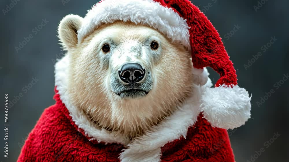 A polar bear wearing a red and white Santa suit stares directly at the camera A polar bear wearing a red and white Santa suit stares directly at the camera