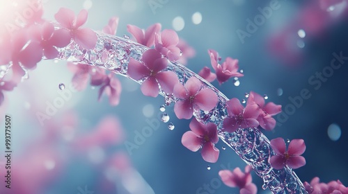 DNA Helix Adorned with Pink Flowers on Blue Background. AI generated illustration