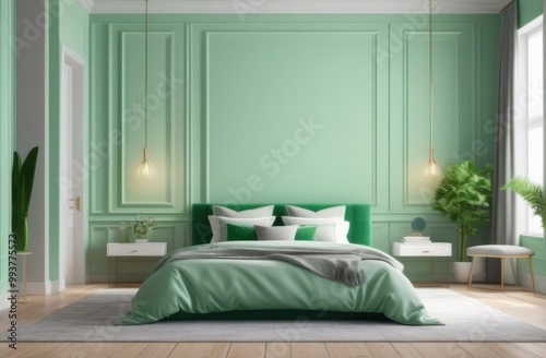 3d render of a badroom on a light green background in a modern style