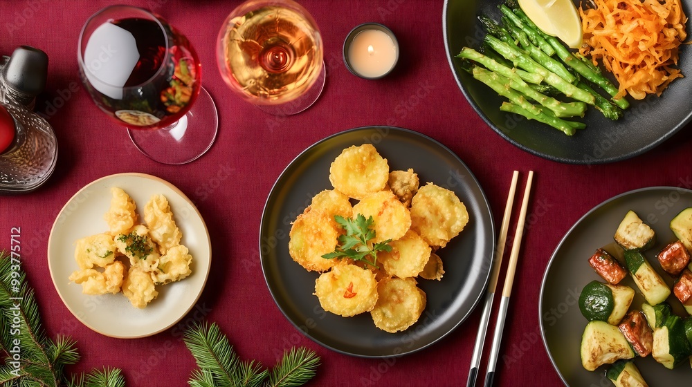 A top-down view of golden tempura vegetables on plates A top-down view of golden tempura vegetables on plates