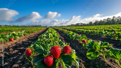 Expansive strawberry farm with neat rows of vibrant green plants dotted with ripe red strawberries stretching out under a bright blue sky and surrounded by verdant countryside