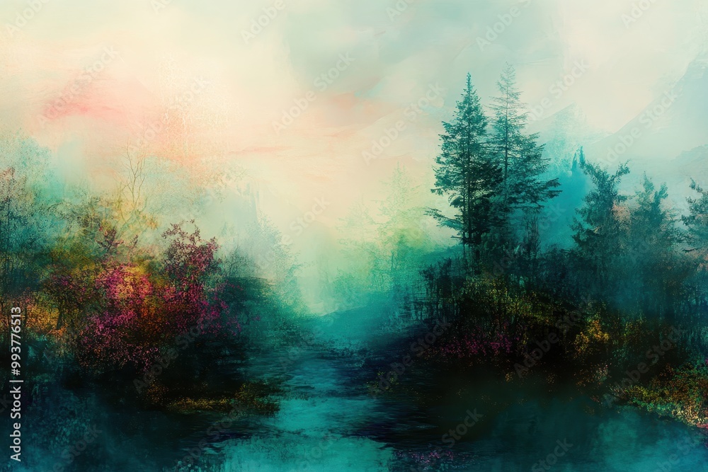 Obraz premium A Misty Stream Through a Forested Valley at Dawn