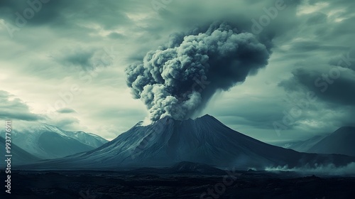 Dramatic photograph showcasing a towering volcano erupting with thick clouds of smoke and ash rising from its peak set against a backdrop of dark rugged and unforgiving terrain and a cloudy moody sky