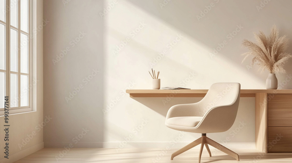 Fototapeta premium A beautiful and modern armchair and a work desk in light beige colors and sun light coming in